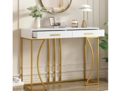 Consola con 2 cajones, elegante diseño en metal y MDF, blanco y dorado (120x38x76 cm)
