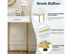 Consola con 2 cajones, elegante diseño en metal y MDF, blanco y dorado (120x38x76 cm)