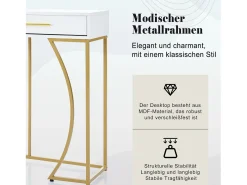 Consola con 2 cajones, elegante diseño en metal y MDF, blanco y dorado (120x38x76 cm)