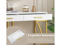 Consola con 2 cajones, elegante diseño en metal y MDF, blanco y dorado (120x38x76 cm)