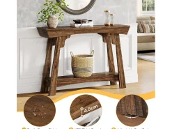 Consola de 105 cm con espacio de almacenamiento, de madera de 2 niveles y con estante, estilo rústico estrecho, mesa detrás del sofá