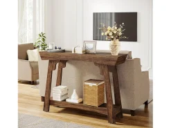 Consola de 105 cm con espacio de almacenamiento, de madera de 2 niveles y con estante, estilo rústico estrecho, mesa detrás del sofá