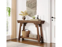 Consola de 105 cm con espacio de almacenamiento, de madera de 2 niveles y con estante, estilo rústico estrecho, mesa detrás del sofá