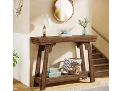 Consola de 105 cm con espacio de almacenamiento, de madera de 2 niveles y con estante, estilo rústico estrecho, mesa detrás del sofá