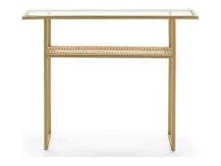Consola de cristal y ratán natural con patas de metal dorado 100 cm