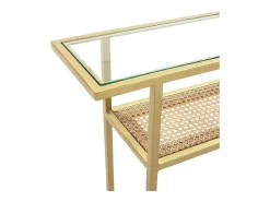 Consola de cristal y ratán natural con patas de metal dorado 100 cm