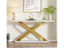 Consola de entrada de mesa, 140 x 33 x 80 cm, Consola de mesa moderna, Mesa de entrada con patas metálicas geométricas, blanco y dorado