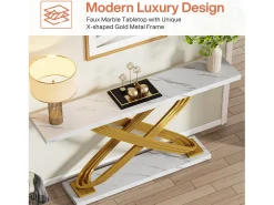 Consola de entrada de mesa, 140 x 33 x 80 cm, Consola de mesa moderna, Mesa de entrada con patas metálicas geométricas, blanco y dorado