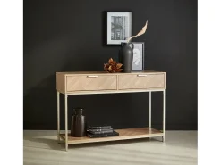 Consola de madera con efecto espiga y 2 cajones, 110cm natural