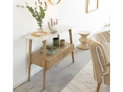 Consola de madera de mango y mármol blanco con almacenamiento