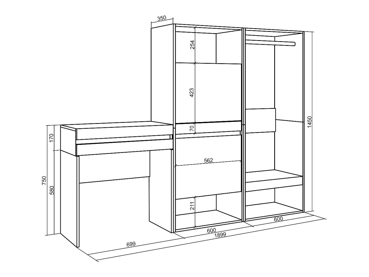 Consola entrada, 190x35x145cm, Recibidor, Zapatero, Vestidor abierto, Roble
