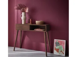 Consola escandinava efecto madera y puerta corredera, 100cm nogal