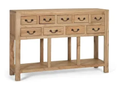 Consola fabricada en madera maciza de mindi con 9 cajones