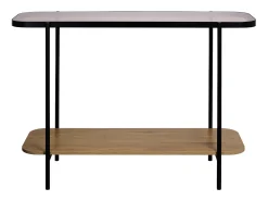 Consola vintage de metal negro con tapa de cristal y decoración de