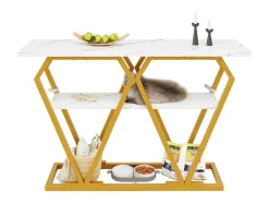 Consola 120x29,5x80 cm - con tablero efecto mármol - Metal - Blanco + dorado