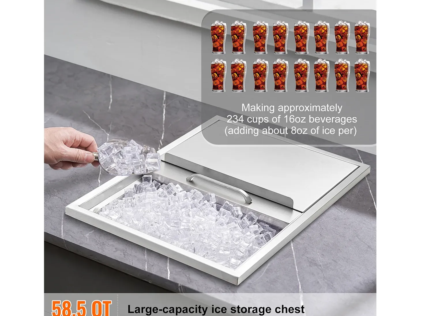 Cubo de Hielo SucceBuy, 55,23 L, 61x46x33 cm, Nevera de Acero Inoxidable con Tapa Deslizante, para Cocina Exterior Vino Cerveza
