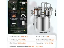 Destilador de Alcohol SucceBuy Destilador de Agua sin Gas de 11 L con Barril Thumper y Bomba de Agua de 8 W Bomba