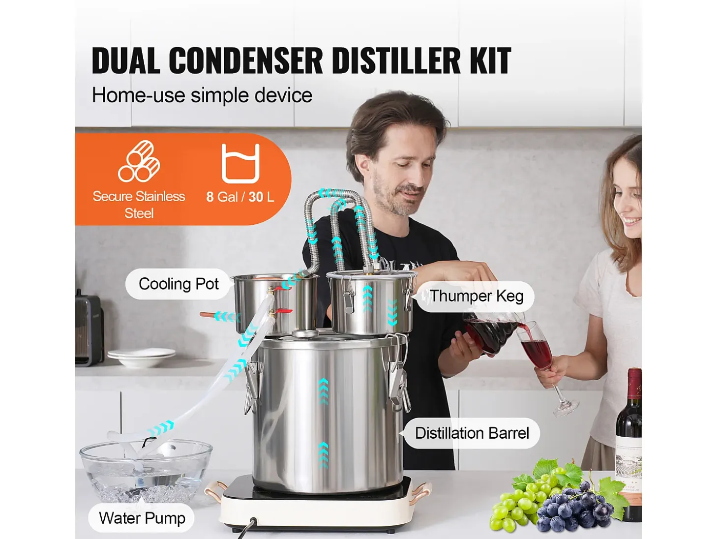 Destilador de Alcohol SucceBuy Destilador de Agua sin Gas Moonshine de 30 L con Barril Thumper y Bomba de Agua de 8 W