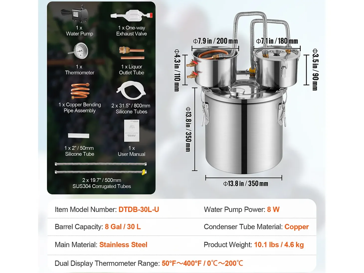 Destilador de Alcohol SucceBuy Destilador de Agua sin Gas Moonshine de 30 L con Barril Thumper y Bomba de Agua de 8 W