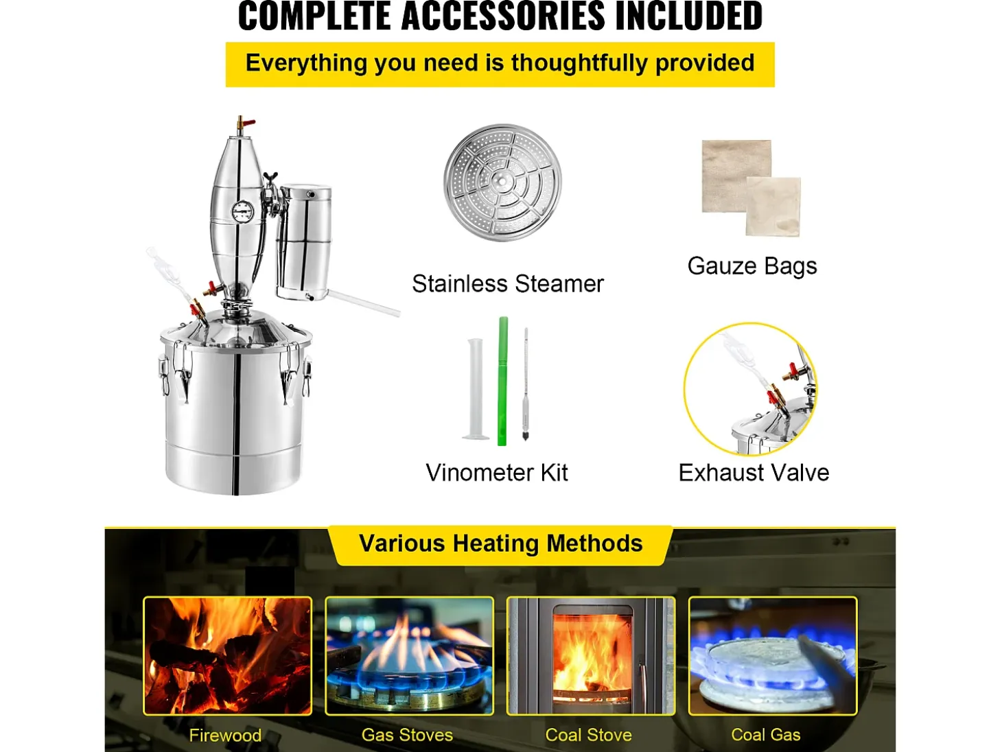 Destilador de Alcohol SucceBuy Alambique 30 L Inox Kit de Elaboración Casera, Destilador de Moonshine de Acero Inoxidable, Kit de Elaboración de Cerveza Casera