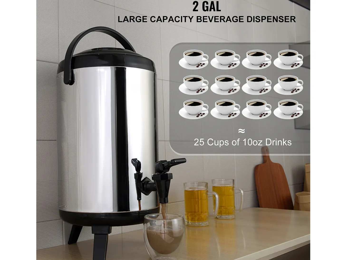 Dispensador de Bebidas, SucceBuy Dispensador de Bebidas de Acero Inoxidable con Aislamiento de 7,6 L