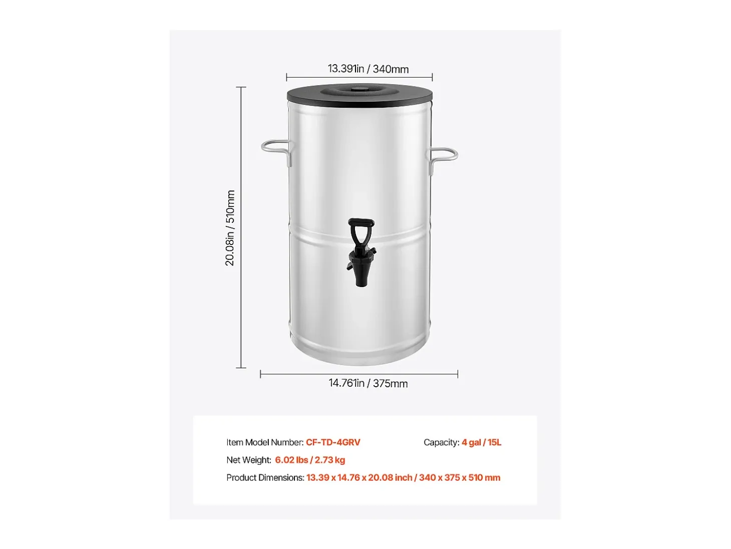Dispensador de Bebidas SucceBuy de 15 L, Fuente de Agua Caliente y Fría No Eléctrica con Grifo y Asa, Contenedor de Acero Inoxidable