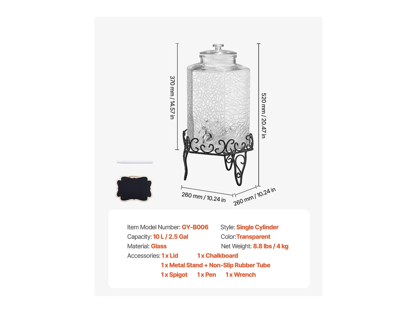 Distribuidor de Bebidas SucceBuy, Gran Capacidad de 10 L, Fuente de Agua de Vidrio, Distribución de Agua, Zumo, Limonada, Té Helado, para Café