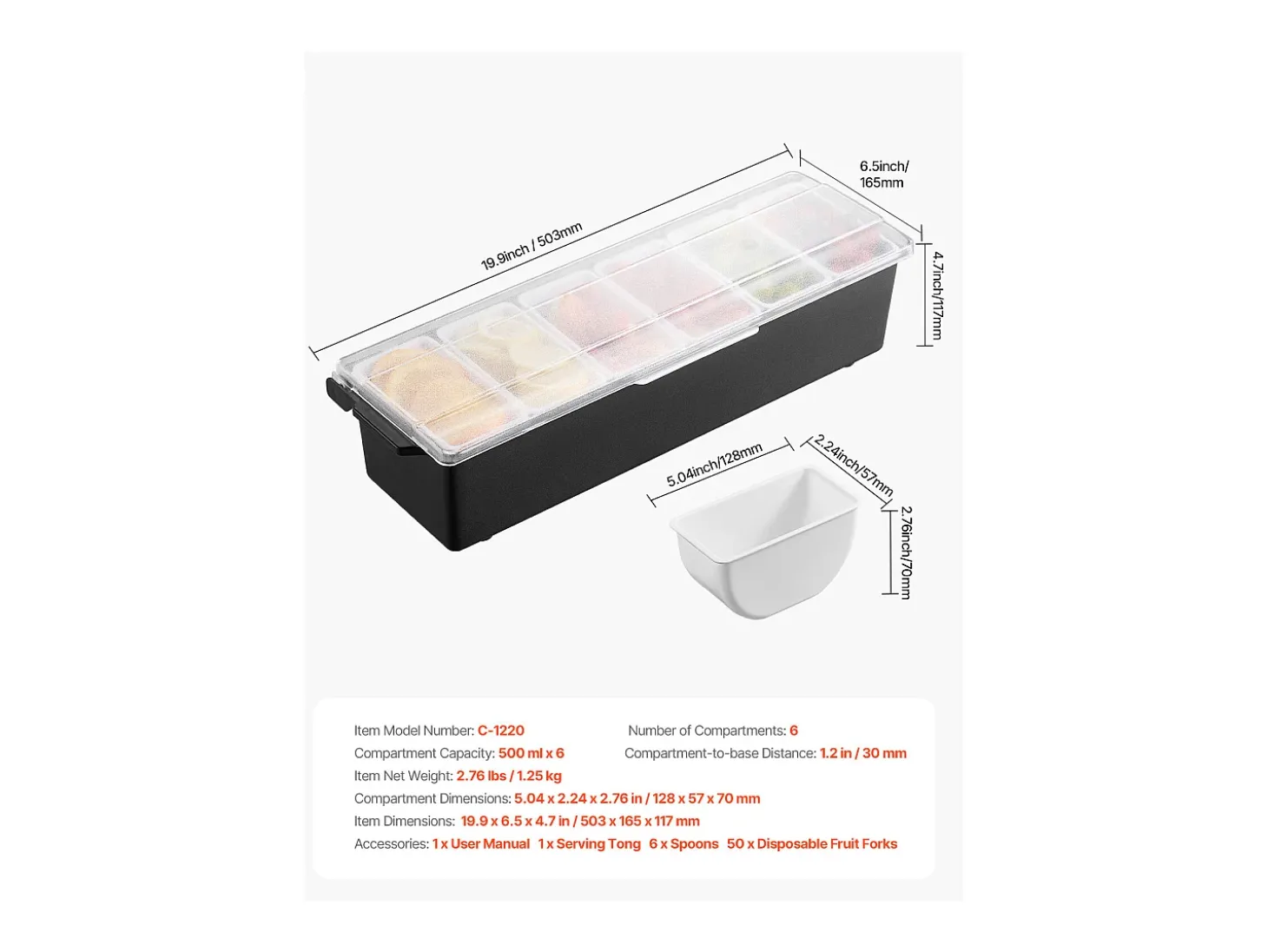 Distribuidor de Especias Refrigerado SucceBuy, con 6 Compartimentos y Tapa, 50,3x16,5x11,7 cm