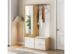Elegante conjunto de armario en blanco y madera en bruto con espejo, mueble zapatero, banco zapatero con ganchos y perchas correderas