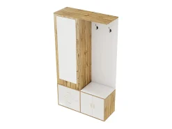 Elegante conjunto de armario en blanco y madera en bruto con espejo, mueble zapatero, banco zapatero con ganchos y perchas correderas