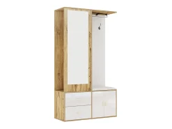 Elegante conjunto de armario en blanco y madera en bruto con espejo, mueble zapatero, banco zapatero con ganchos y perchas correderas