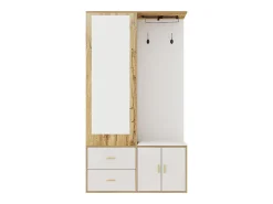 Elegante conjunto de armario en blanco y madera en bruto con espejo, mueble zapatero, banco zapatero con ganchos y perchas correderas