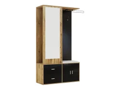 Elegante conjunto de armario en negro y madera en bruto con espejo, mueble zapatero, banco zapatero con ganchos y perchas correderas