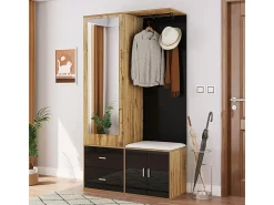 Elegante conjunto de armario en negro y madera en bruto con espejo, mueble zapatero, banco zapatero con ganchos y perchas correderas