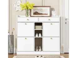 Elegante zapatero con 4 puertas abatibles, 2 cajones, 3 compartimentos abiertos, color blanco