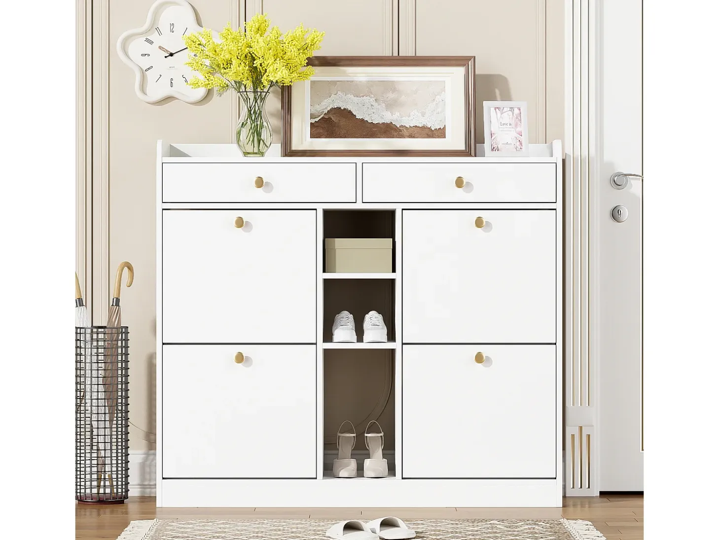 Elegante zapatero con 4 puertas abatibles, 2 cajones, 3 compartimentos abiertos, color blanco