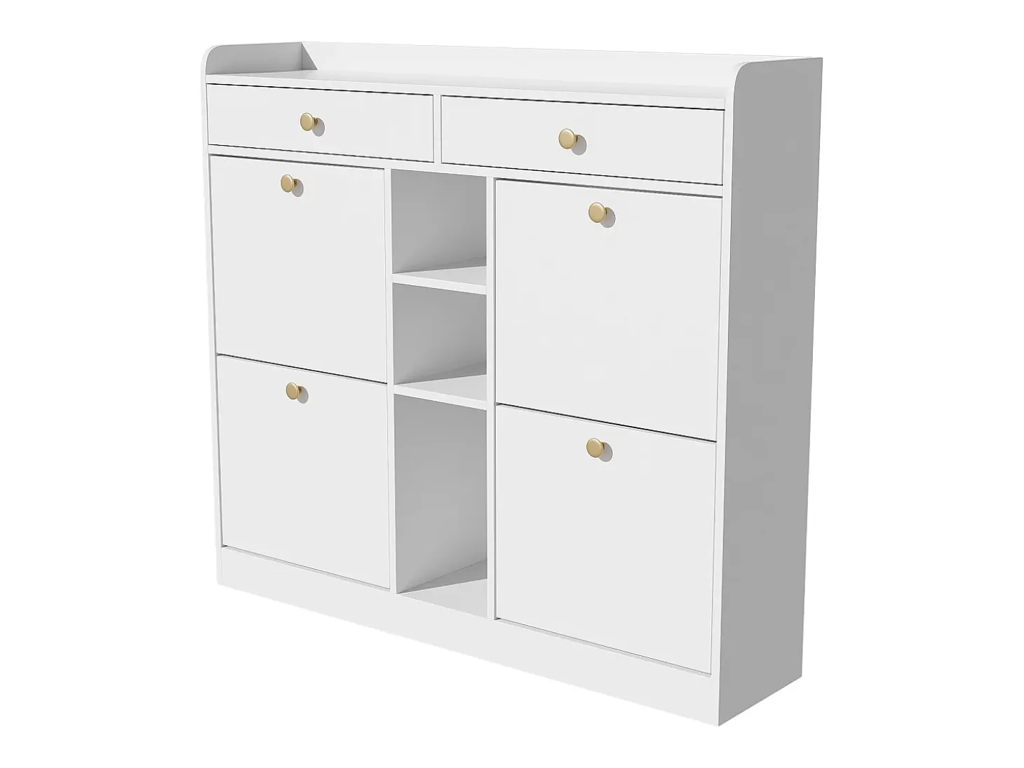 Elegante zapatero con 4 puertas abatibles, 2 cajones, 3 compartimentos abiertos, color blanco