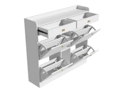 Elegante zapatero con 4 puertas abatibles, 2 cajones, 3 compartimentos abiertos, color blanco