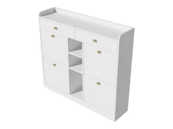 Elegante zapatero con 4 puertas abatibles, 2 cajones, 3 compartimentos abiertos, color blanco