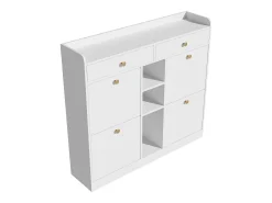 Elegante zapatero con 4 puertas abatibles, 2 cajones, 3 compartimentos abiertos, color blanco