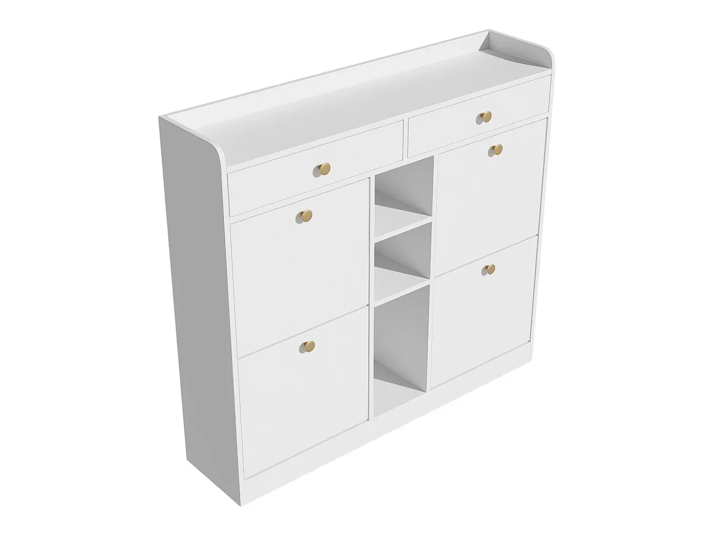 Elegante zapatero con 4 puertas abatibles, 2 cajones, 3 compartimentos abiertos, color blanco