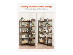 Estante de Esquina SucceBuy de 5 Niveles, Altura 166,1 cm, Librería de Esquina en L con 4 Ganchos, Mueble de Almacenamiento Reversible con Marco de Metal