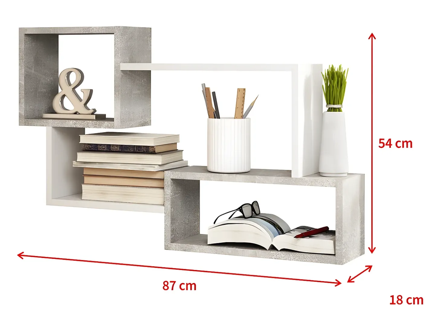 Estante de pared grande - color cemento / blanco mate - ancho 87 cm - KASSI
