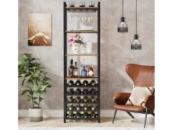 Estante de vinos autónoma de 9 niveles con soporte de vidrio y estantes de almacenamiento, Estante para botellas de vino, de color marrón rústico