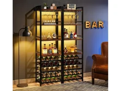 Estante de vinos autónoma de 9 niveles con soporte de vidrio y estantes de almacenamiento, Estante para botellas de vino, de color marrón rústico