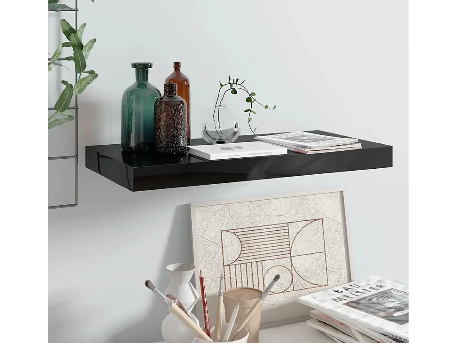 Estante flotante de pared MDF negro brillo 50x23x3,8 cm