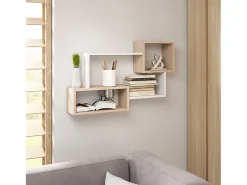 Estante moderna de pared con 3 rectángulos para salón, dormitorio y habitación, roble sonoma y blanco mate