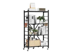 Estante Plegable SucceBuy Estantería Plegable de 4 Niveles, 66 x 33 x 117 cm, Metal Resistente, con 5 Ruedas y 4 Ganchos, para Cocina, Garaje y Sótano. Color Negro