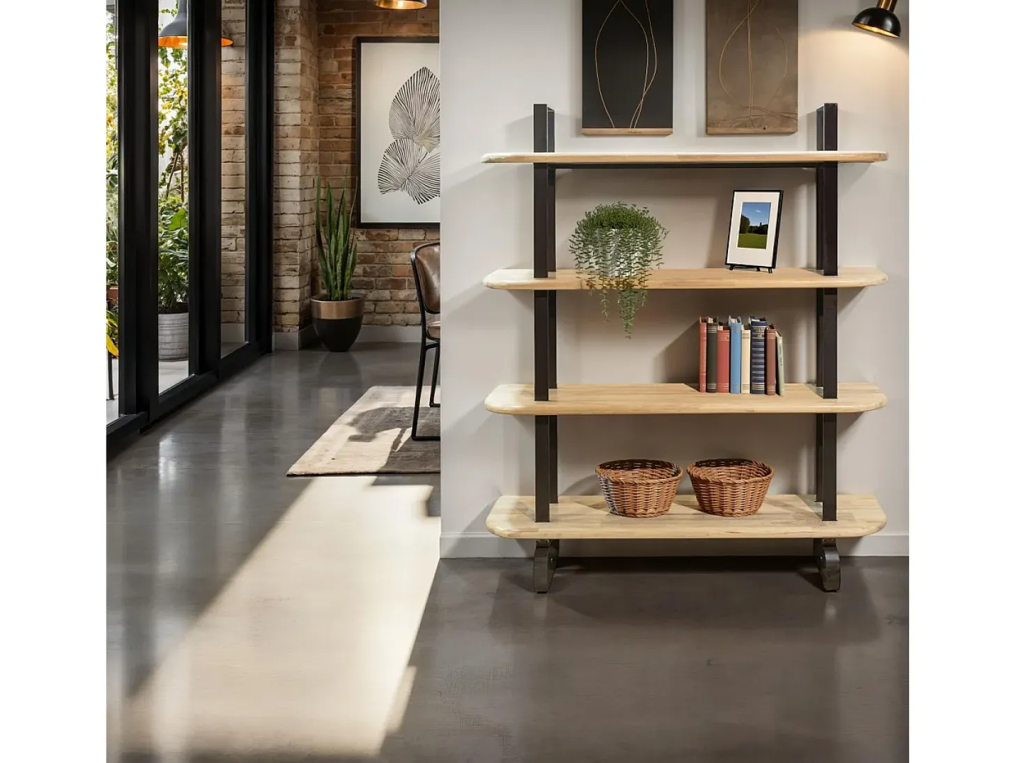 Estantería alta de 4 baldas en madera de roble y estructura en negro 180 cm Padma Negro - Roble