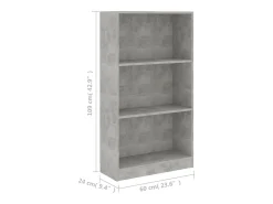Estantería de 3 niveles contrachapada gris hormigón 60x24x109cm